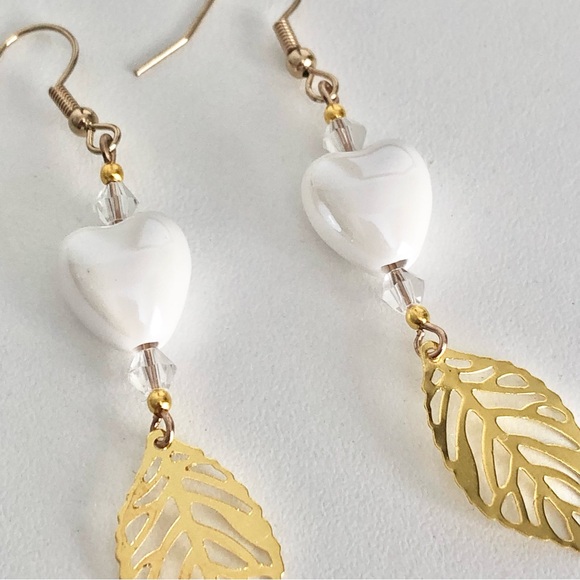 New White Ceramic Heart Glass Crystal Beaded Dangling Earrings Handmade Unique - Picture 6 of 9